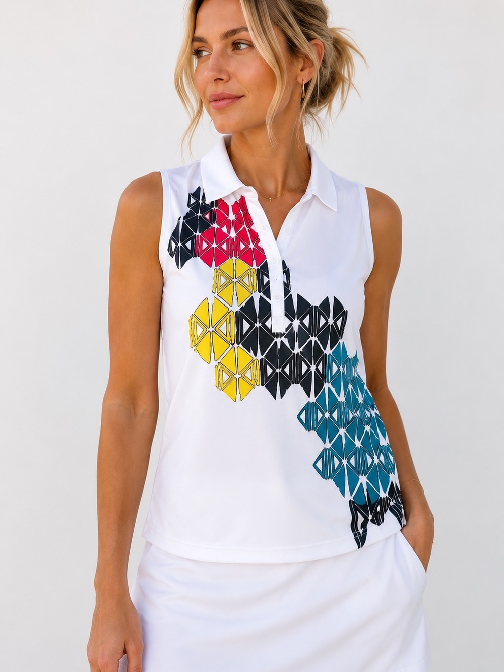 White Geometric Tennis Polo | Y2K Sporty Resort Golfcore Sleeveless Top